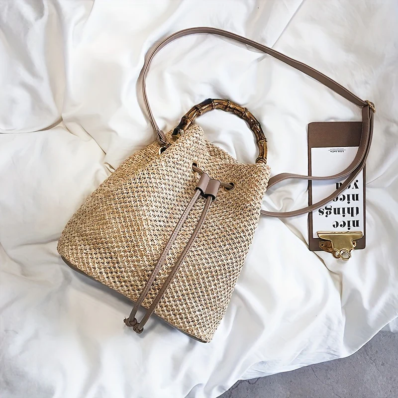 deanwangkt-1  Bamboo Handle Straw Bag, Women's Drawstring Design Bucket Bag, Trendy Summer Beach Handbag - Deanwangkt