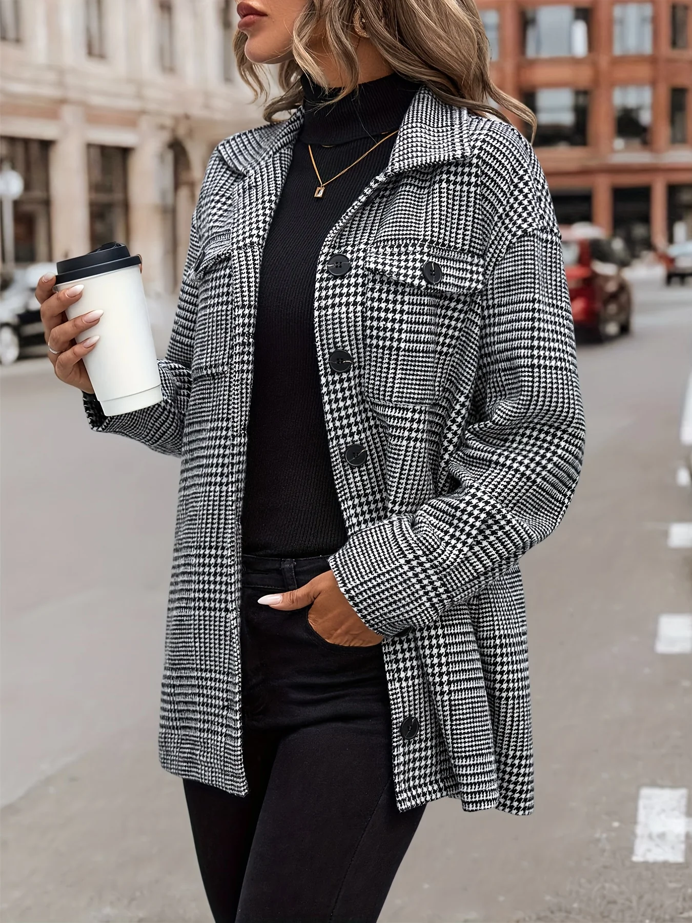 deanwangkt-1  Houndstooth Flap Pockets Jacket, Casual Long Sleeve Single Breasted Jacket, Women's Clothing - Deanwangkt