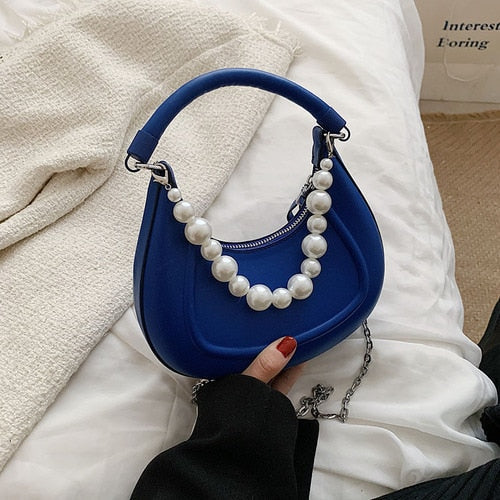 Back To College Deanwangkt Kawaii Tote PU Leather Half Moon Armpit Bag With Pearl Short Handle Women's Designer Handbag Luxury Shoulder Crossbody Bag - Deanwangkt