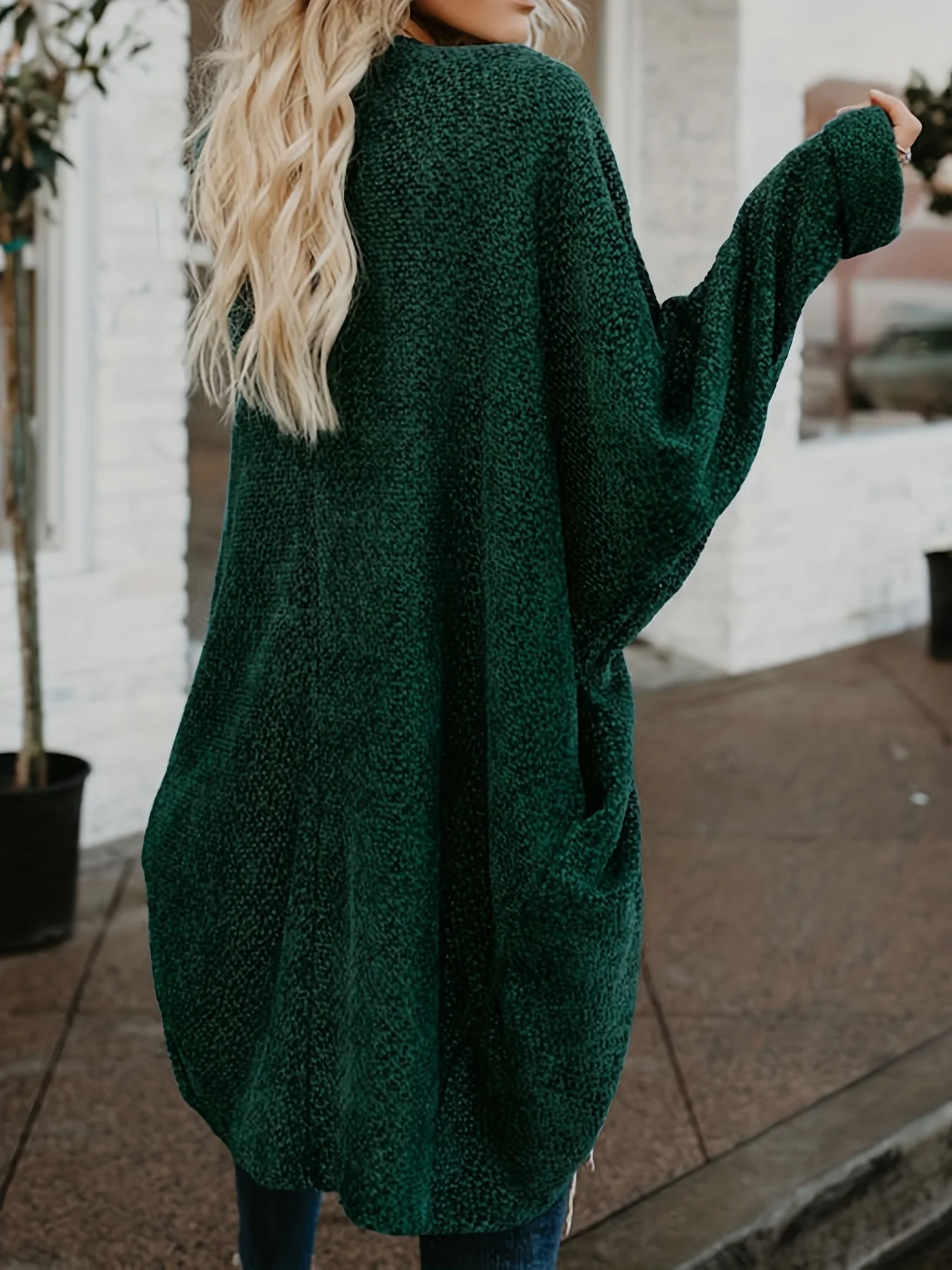 deanwangkt-1  Solid Open Front Knit Cardigan, Casual Batwing Sleeve Mid Length Sweater, Women's Clothing - Deanwangkt