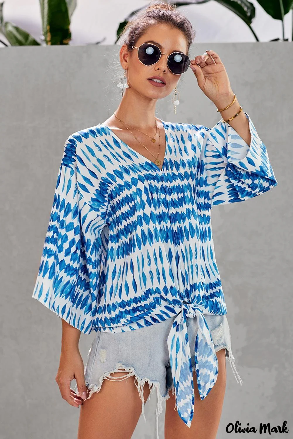 Deanwangkt - Multicolor Floral Print Deep V-Neck Tie Front Blouse - Deanwangkt