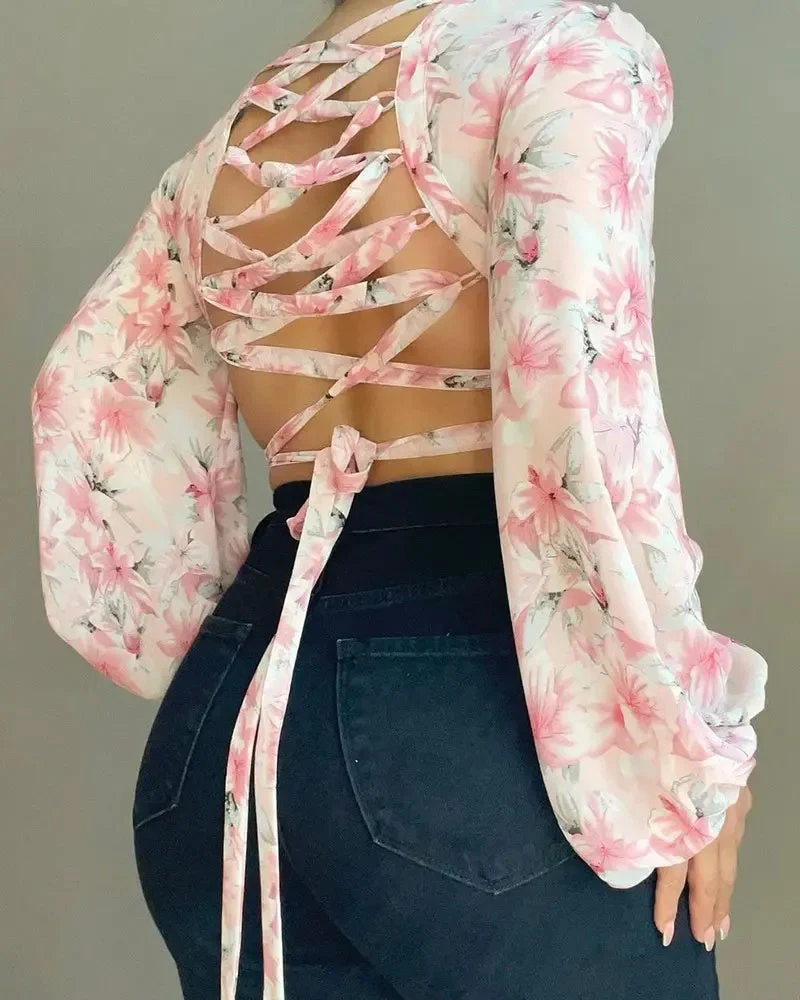 Deanwangkt - Lantern Sleeve Floral Print Open Back Lace Up Top - Deanwangkt