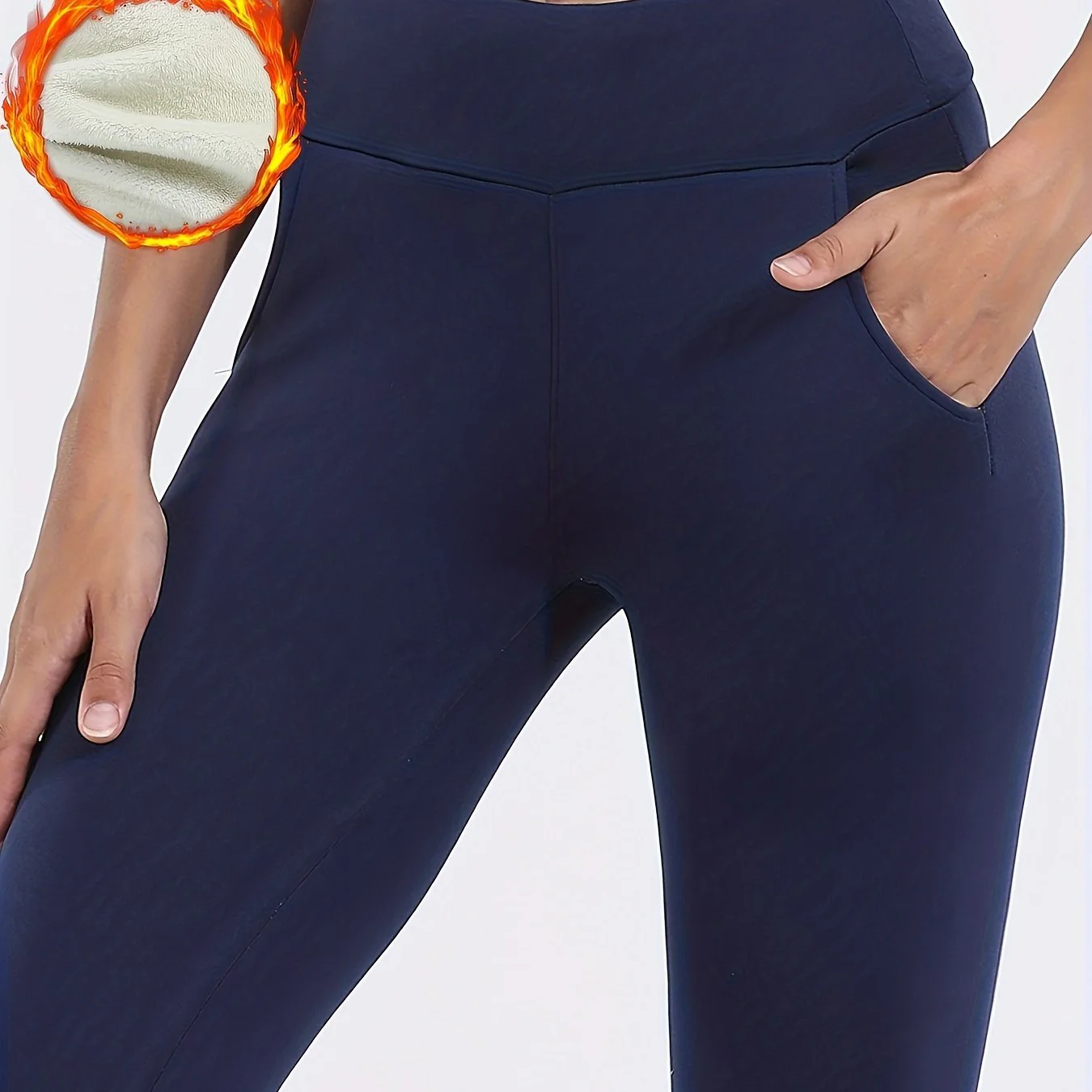 deanwangkt-1  Solid Thermal Skinny Leggings, Casual Stretchy Pocket Leggings For Fall & Winter, Women's Clothing - Deanwangkt