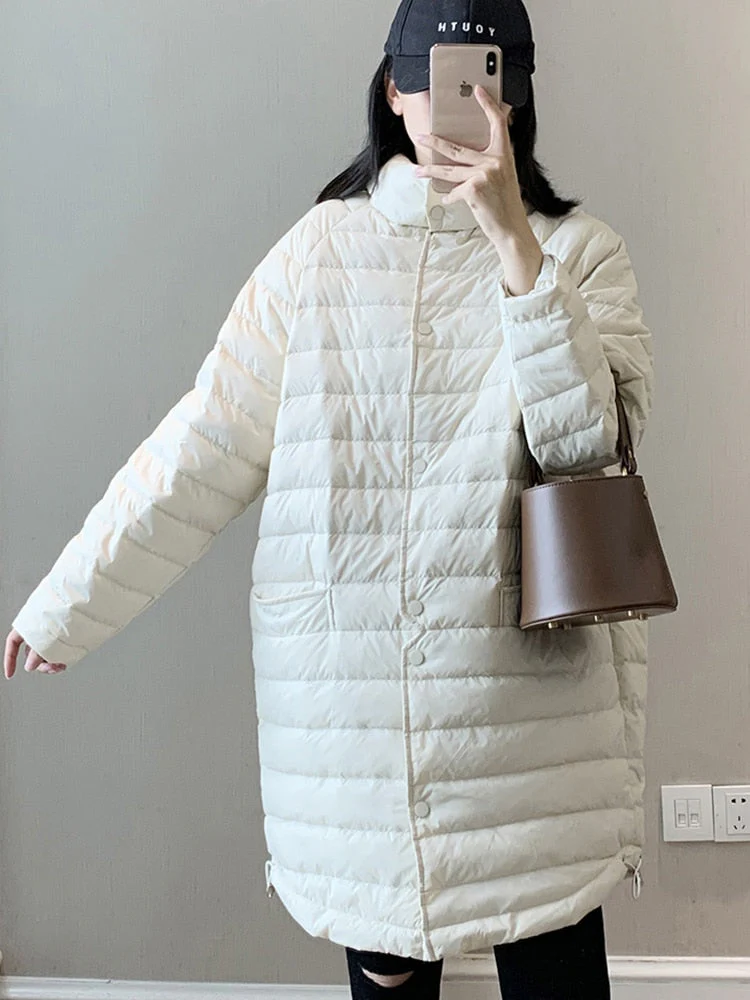 Black Friday Sales Ailegogo Casual Female Ultra Light White Duck Down Long Jacket Autumn Women Lightweight Loose Warm Down Parka Chic Outwear - Deanwangkt