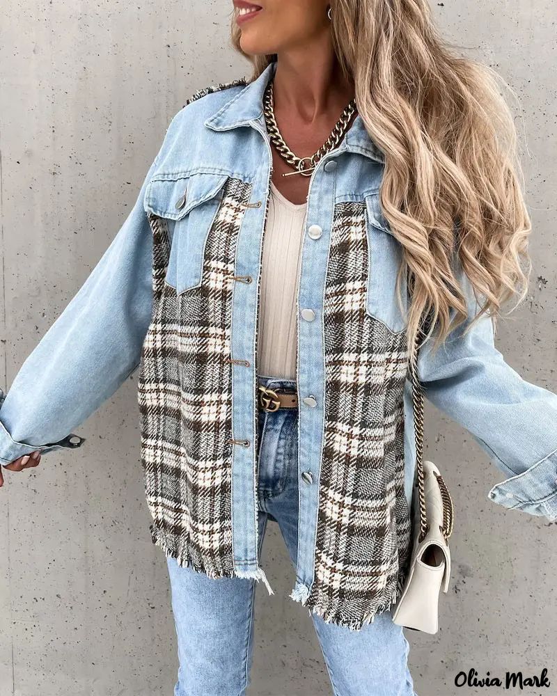 Deanwangkt - Raw Hem Denim Coat with Plaid Panel and Button Front - Deanwangkt