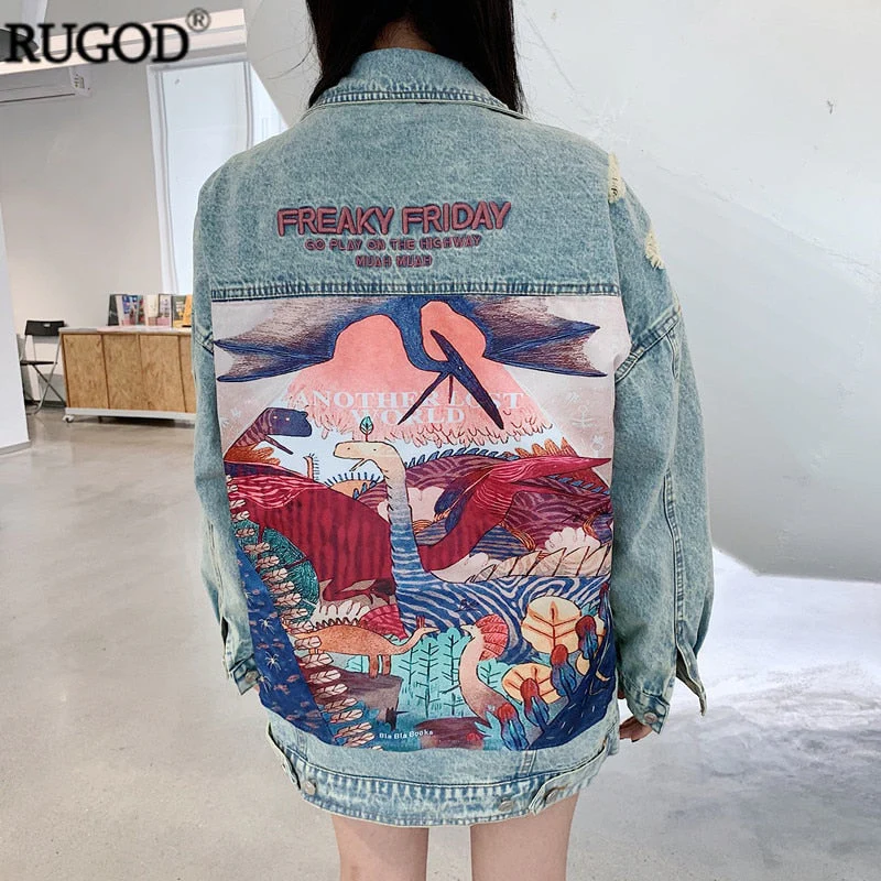 Christmas Gift Deanwangkt New Autumn Funny Cartoon Print Long Denim Jacket Women Vintage Streetwear Punk Style Jean Jacket Autumn Hot - Deanwangkt