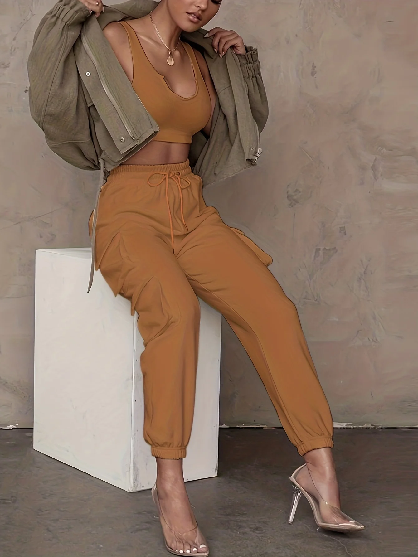 deanwangkt-1  Drawstring Baggy Cargo Pants, Casual High Waist Flap Pockets Pants, Women's Clothing - Deanwangkt