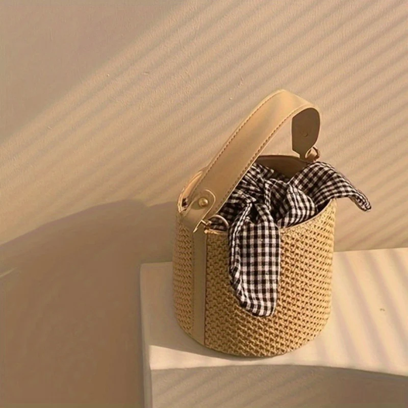 deanwangkt-1  Minimalist Straw Bucket Crossbody Bag, Summer Bohemian Shoulder Bag With Insert Plaid Pattern Twisted Pouch - Deanwangkt