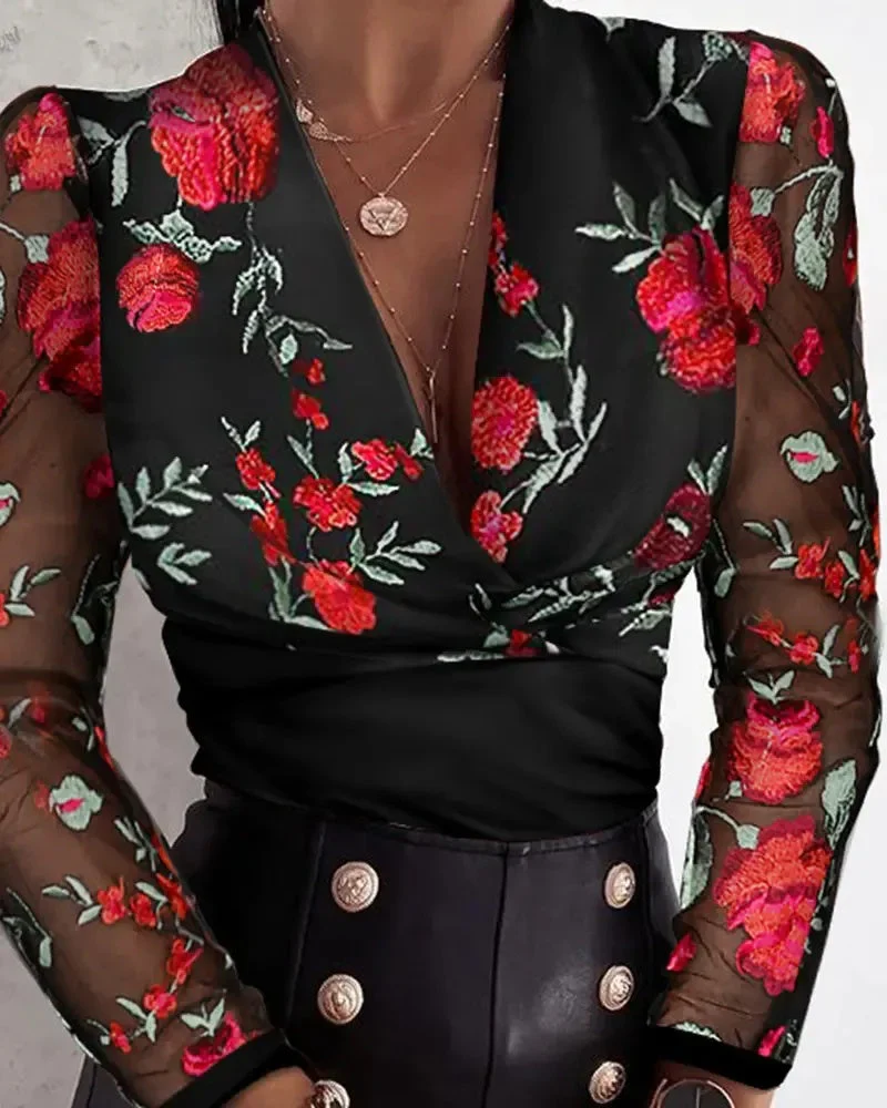 Deanwangkt - Sheer tulle long-sleeved top with floral embroidery - Deanwangkt