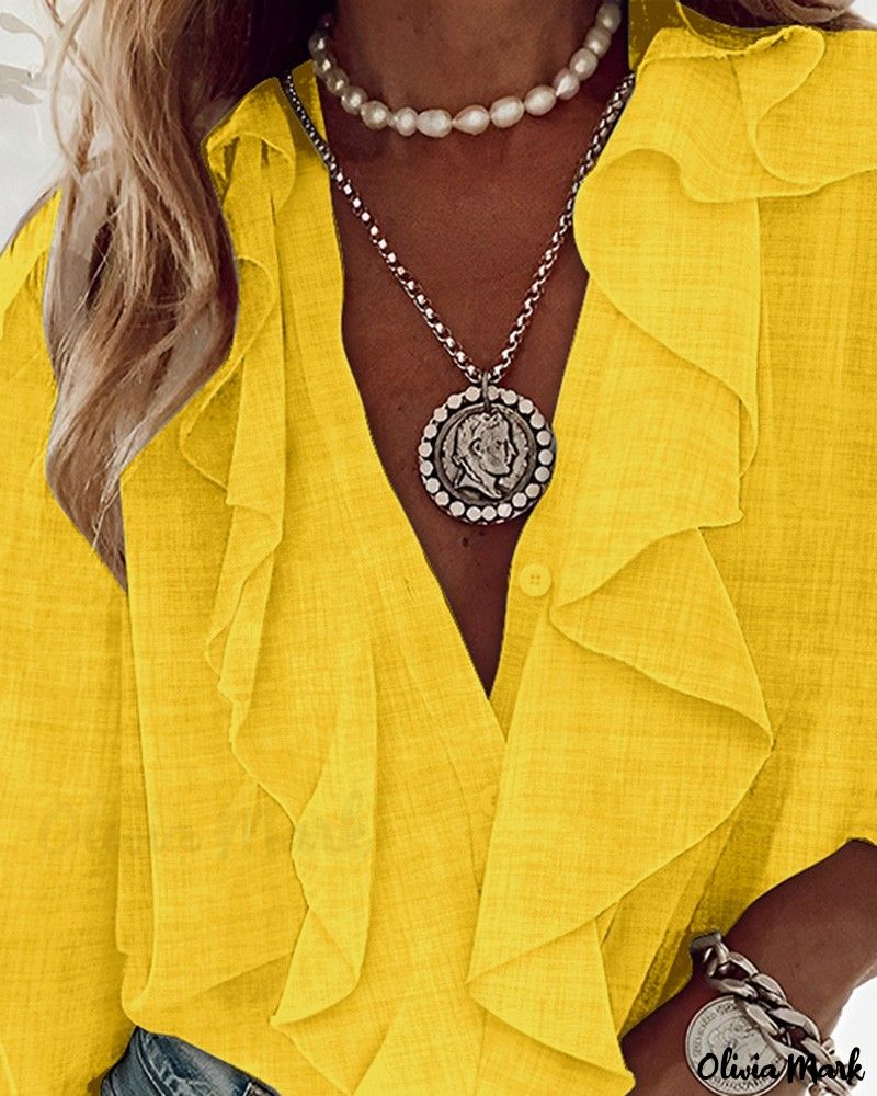 Deanwangkt - Textured Long Sleeve Blouse with Ruffled Hem - Deanwangkt