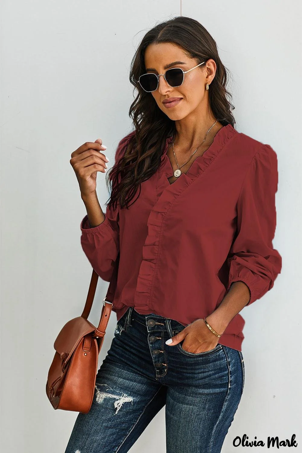 Deanwangkt - Wine Long Sleeve Ruffled Blouse - Deanwangkt