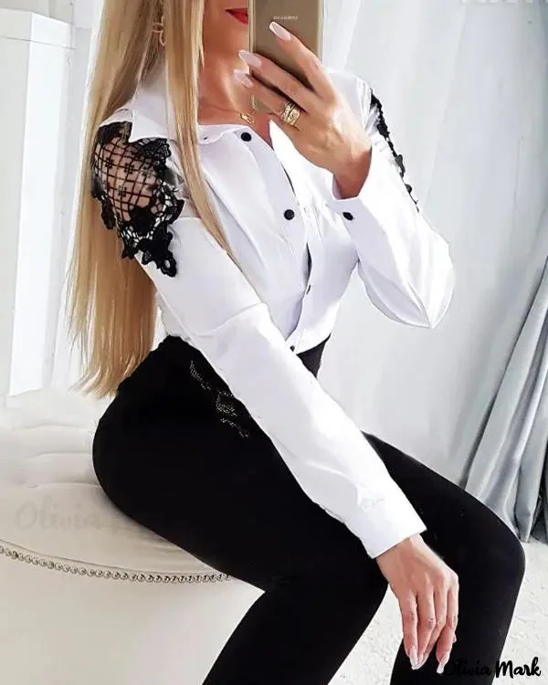 Deanwangkt - Womens Contrast Lace Long Sleeve Button-Up Blouse - Deanwangkt