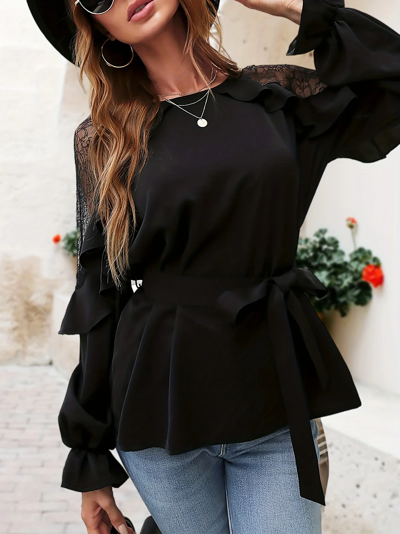 Lace Splicing Ruffle Trim Blouse, Elegant Long Sleeve Belted Blouse For Spring & Fall, Women's Clothing - Deanwangkt