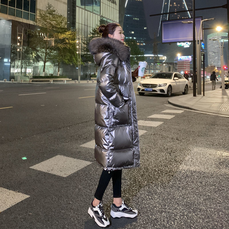 Christmas Gift Deanwangkt New Winter Fashion Big Fur Collar Bright Face Down Padded Jacket Women Mid-length Over-the-knee Thick Coat Winter Jackets - Deanwangkt