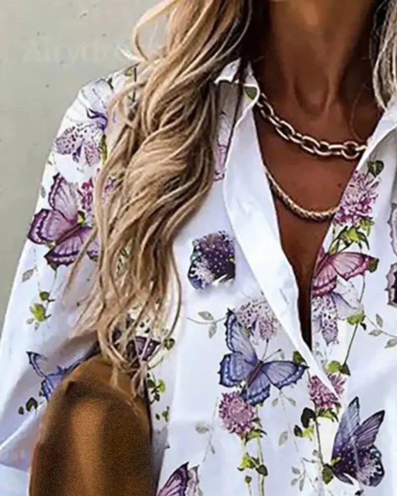 Deanwangkt - Butterfly Floral Print Long Sleeve Shirt - Deanwangkt