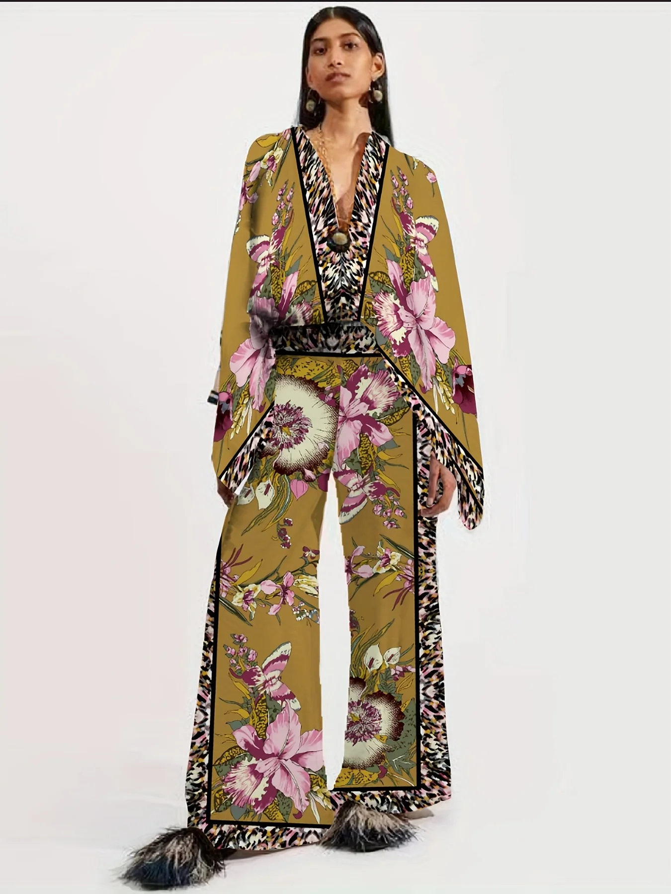 deanwangkt-1 Vacation Ethnic Print Two-piece Set, Long Sleeve Button Front Blouse & High Waist Wide Leg Pants Outfits, Women's Clothing - Deanwangkt