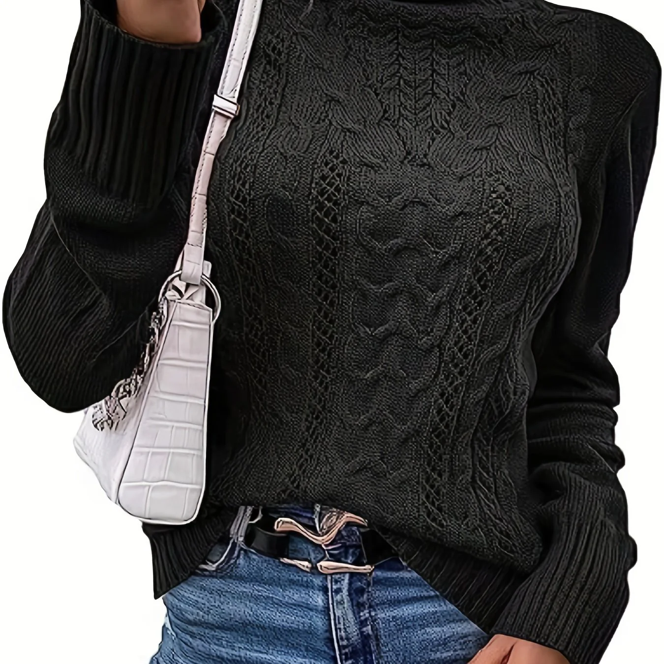 deanwangkt-1  Cable Turtleneck Loose Sweater, Casual Long Sleeve Fall Winter Knit Sweater, Women's Clothing - Deanwangkt