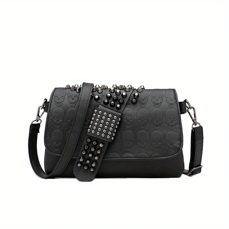Rivet Skull Decor Metal Chain Crossbody Bag, PU Leather Textured Bag Purse, Cool Girl Punk Fashion Shoulder Bag - Deanwangkt