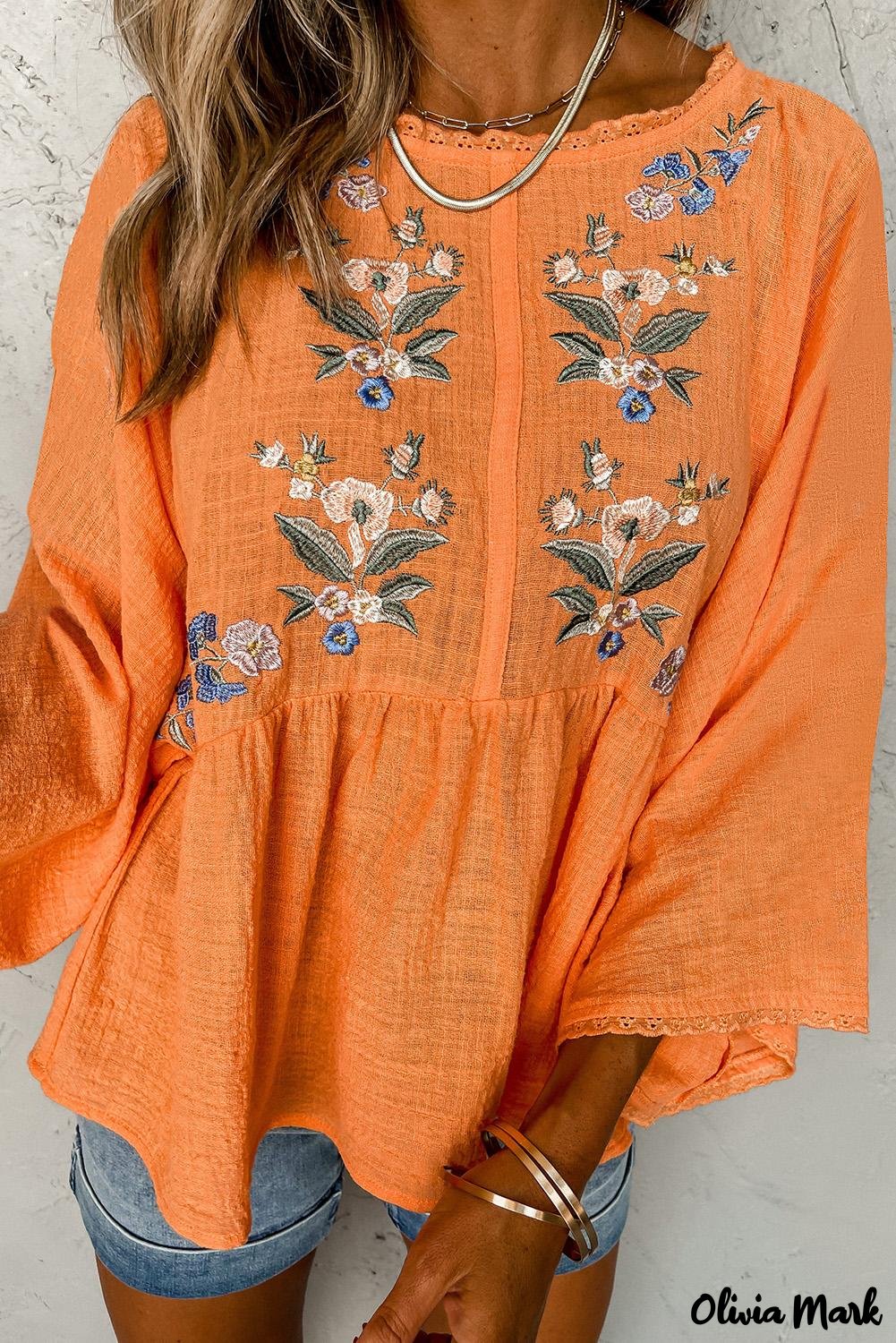 Deanwangkt - Orange Embroidered Kimono Sleeve Top - Deanwangkt