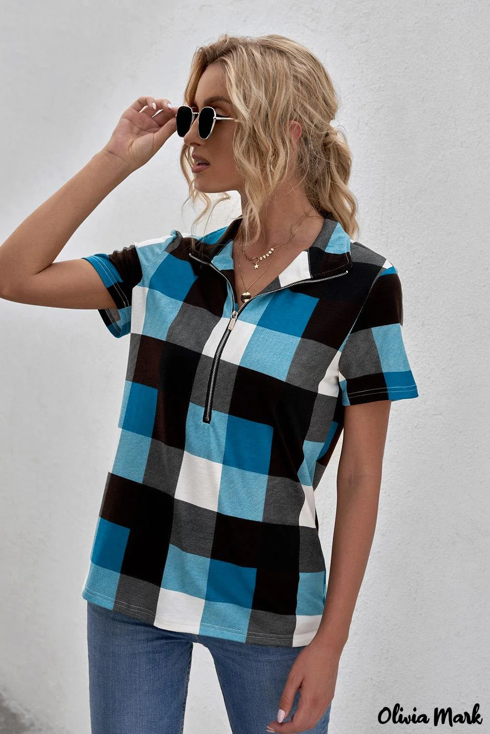Deanwangkt - Blue Checked Zip V-Neck Short Sleeve Blouse - Deanwangkt
