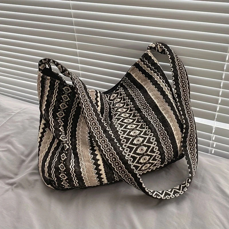 Retro Tribal Style Striped Crossbody Bag, Bohemian Canvas Hobo Bag, Trendy Shoulder Bag For Women - Deanwangkt