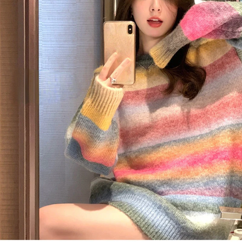 Christmas Gift Deanwangkt Winter Rainbow Striped Sweater Women Korean Fashion Kawaii Sweet Pullover Casual Long Sleeve Loose Clothing Female - Deanwangkt
