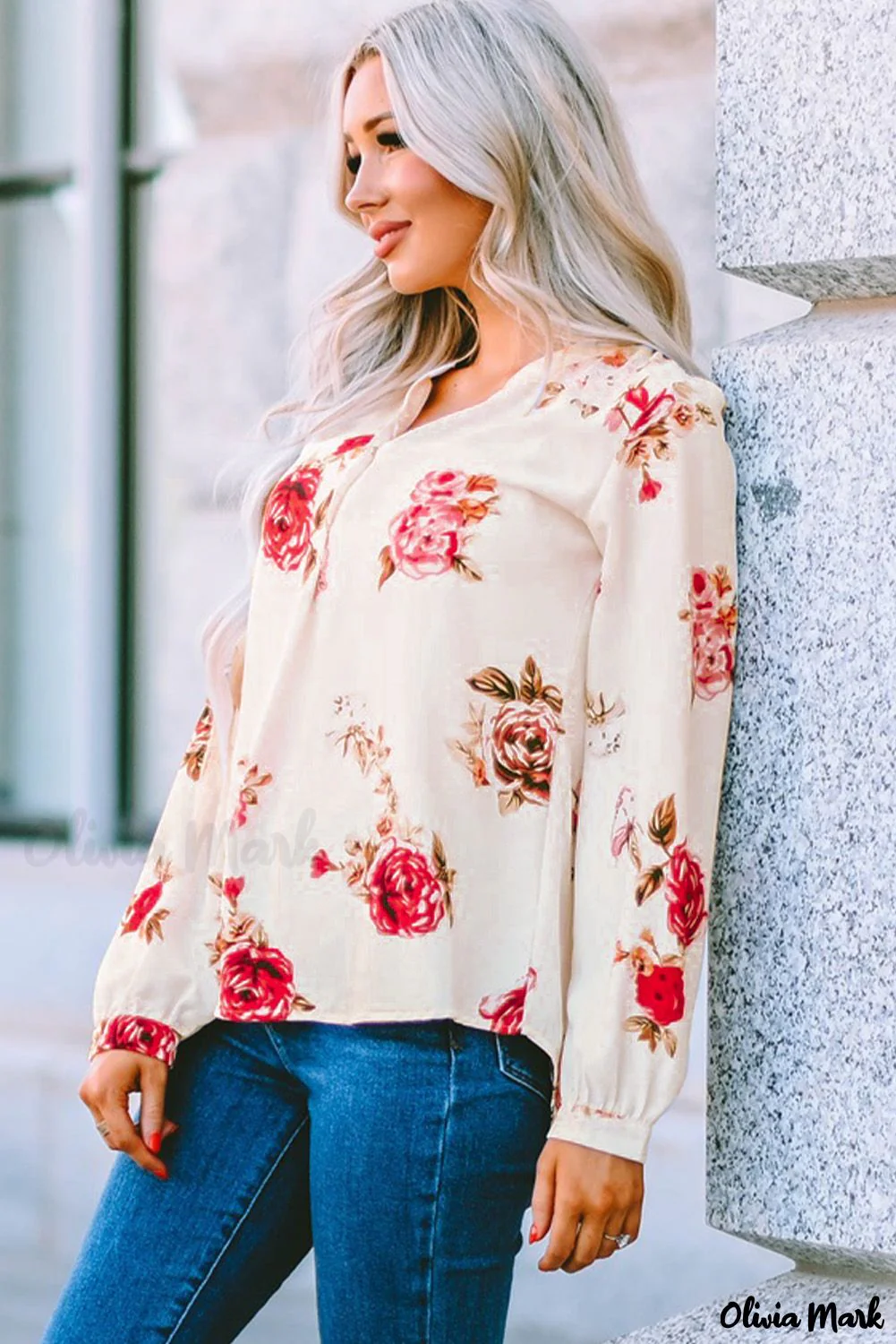 Deanwangkt - Beige Floral Print V-Neck Button Down Blouse - Deanwangkt