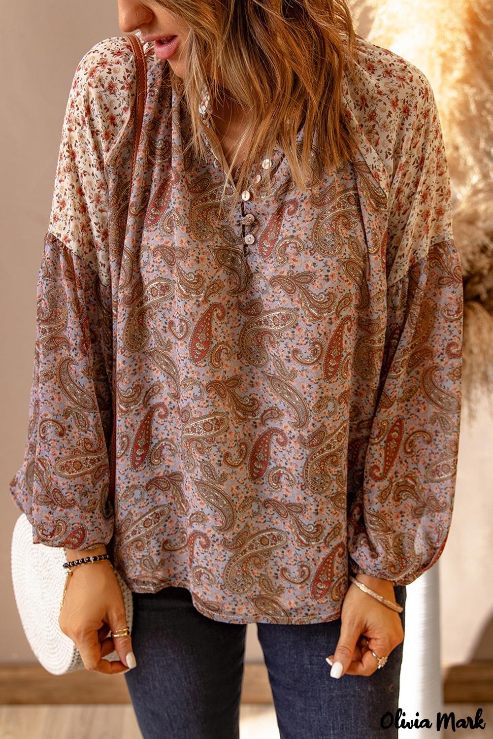 Deanwangkt - Brown Paisley Floral Patch Long Sleeve Blouse - Deanwangkt