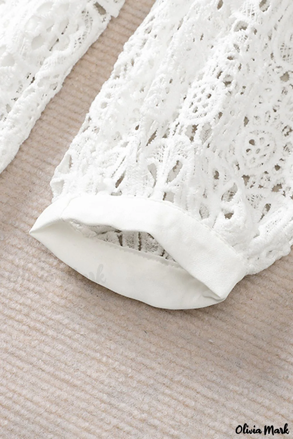 Deanwangkt - Beige Contrast Lace Hollow Out Long Sleeve Blouse - Deanwangkt