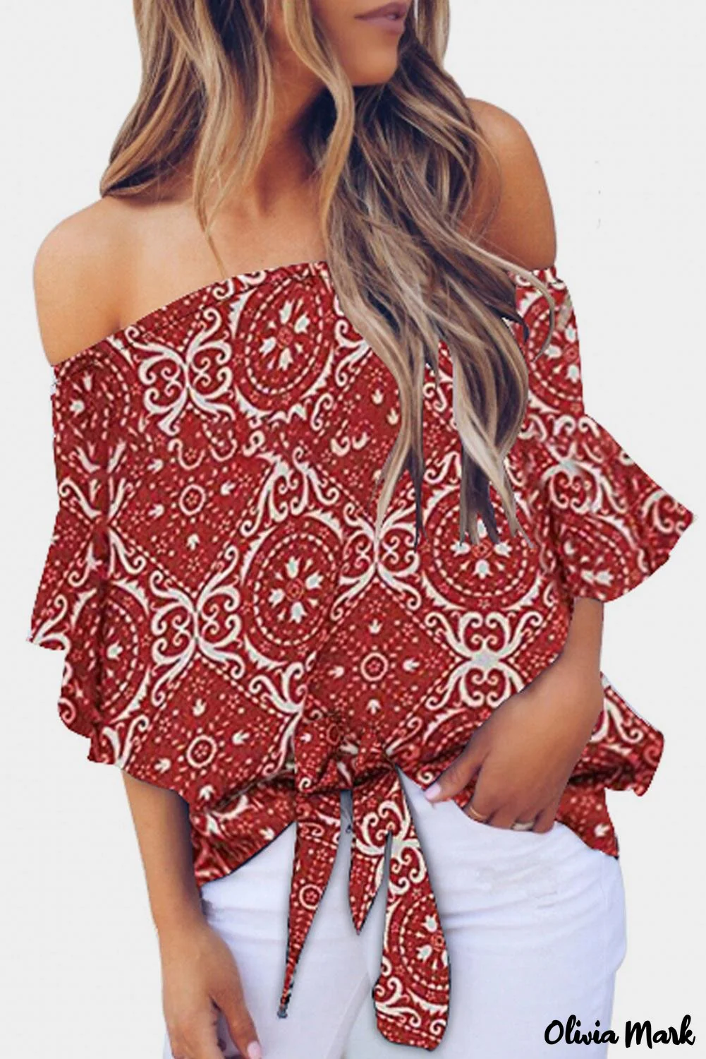 Deanwangkt - Bohemian red blouse with floral print and bare shoulders - Deanwangkt