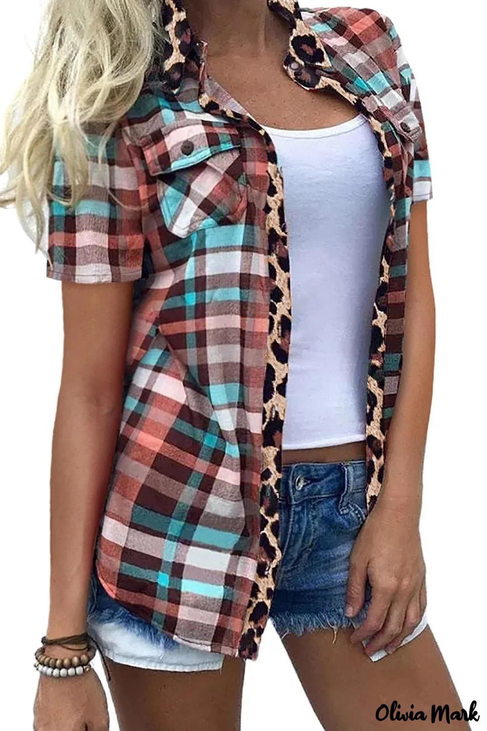 Deanwangkt - Leopard Patchwork Plaid Short Sleeve Shirt - Deanwangkt