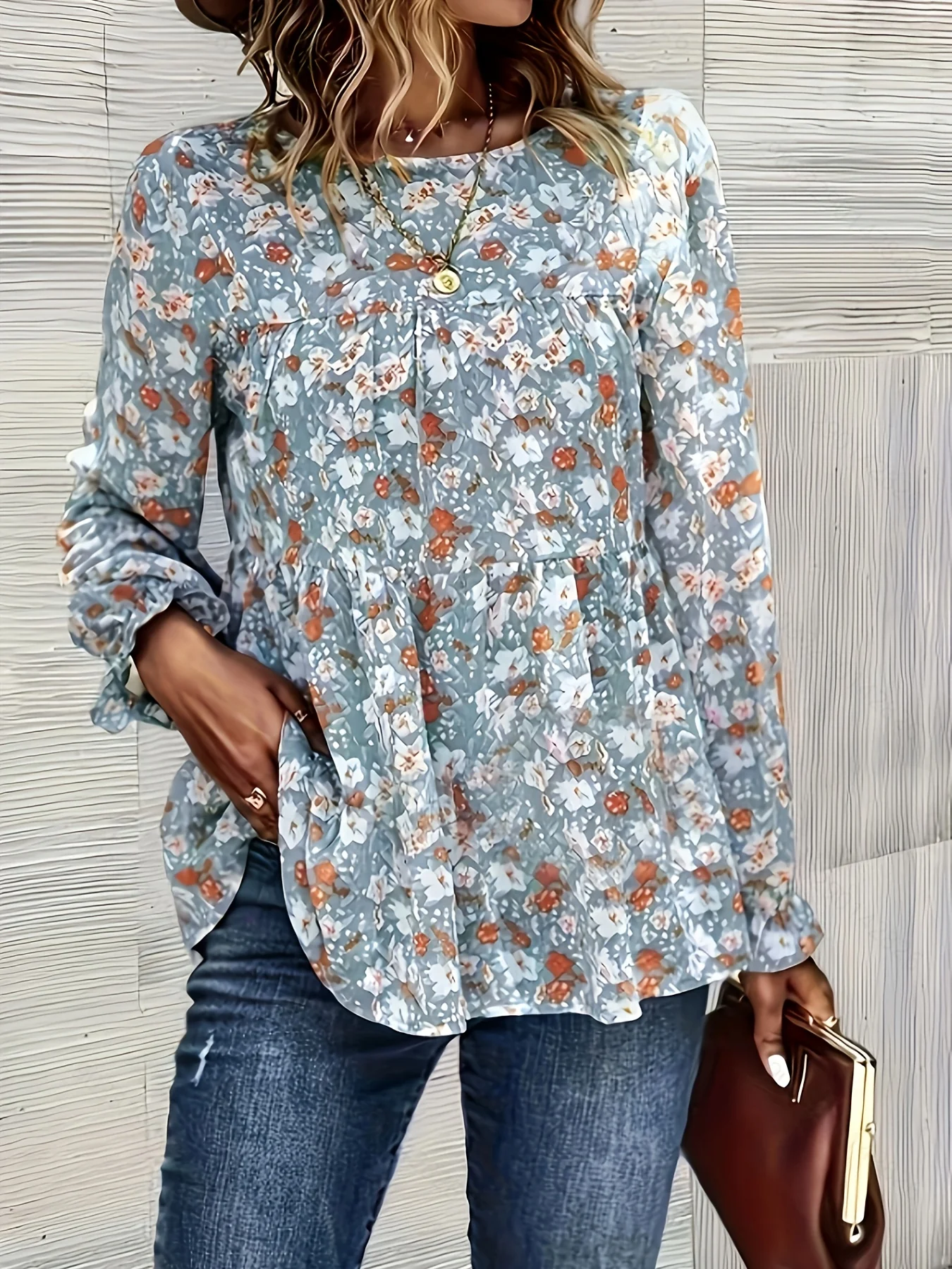 Floral Print Crew Neck Tiered Blouse, Casual Long Sleeve Blouse For Spring & Fall, Women's Clothing - Deanwangkt