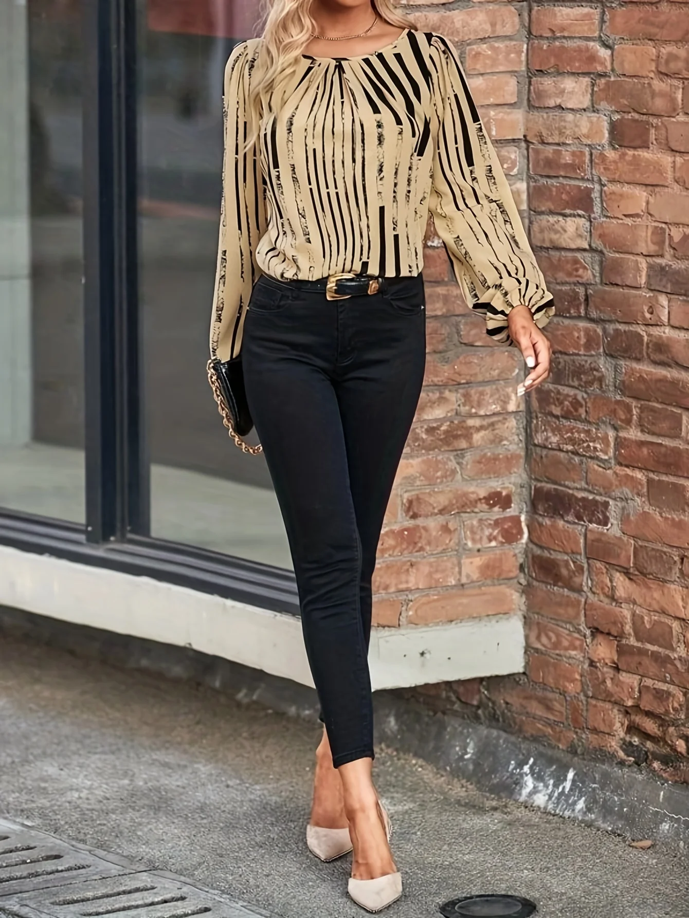 Striped Print Lantern Sleeve Blouse, Casual Crew Neck Blouse For Spring & Fall, Women's Clothing - Deanwangkt