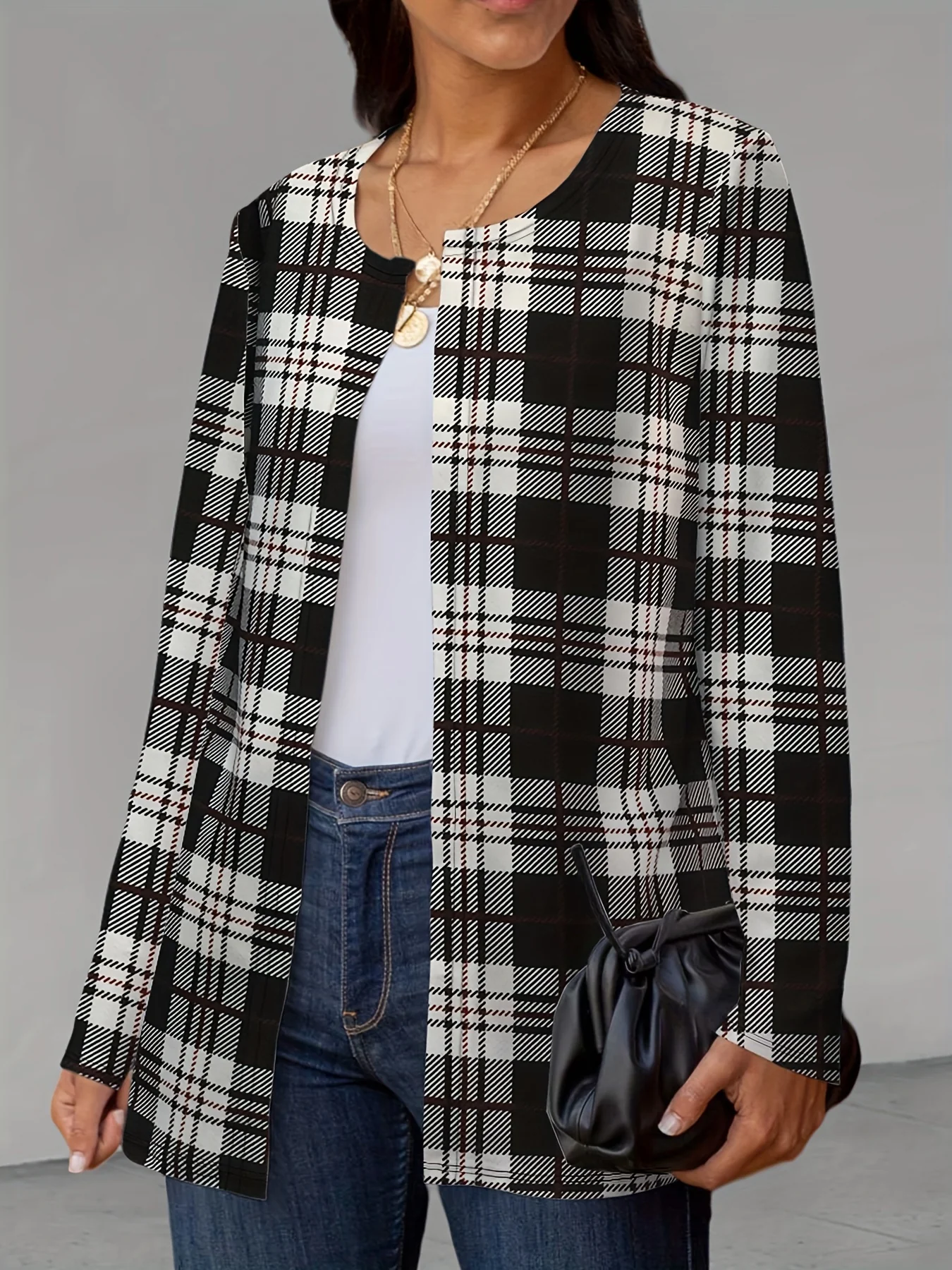 deanwangkt-1 Plaid Print Crew Neck Jacket, Casual Long Sleeve Outerwear For Fall, Women's Clothing - Deanwangkt