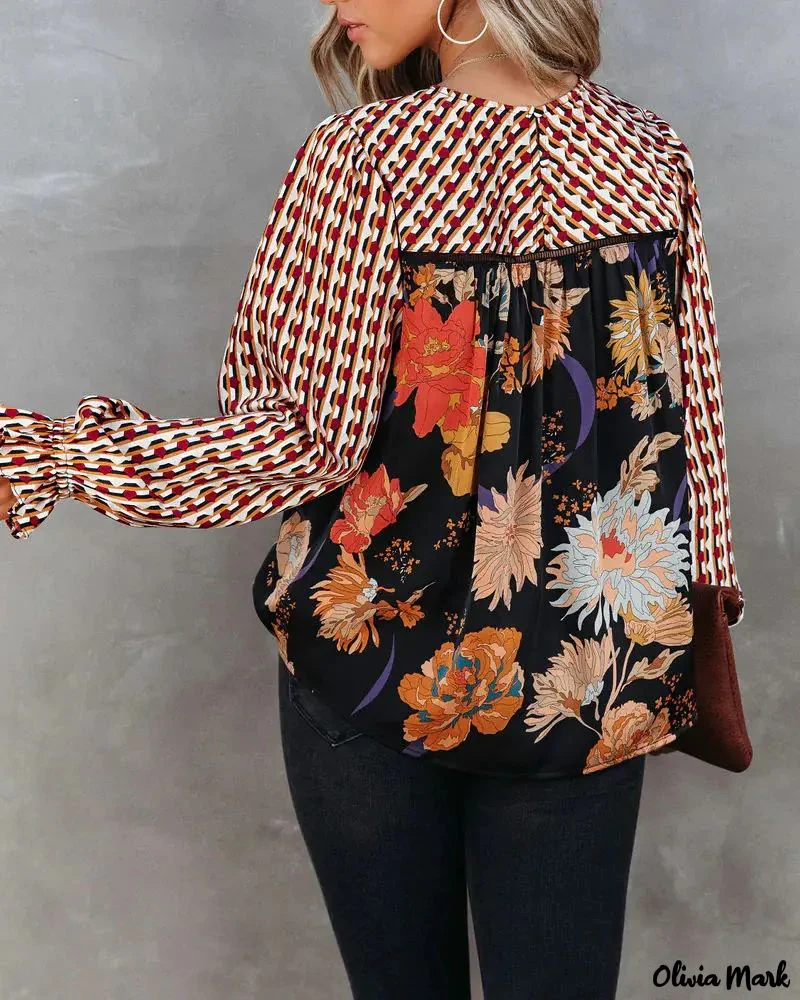 Deanwangkt - Floral Geometric Print Patchwork Ruffle Sleeve Top - Deanwangkt