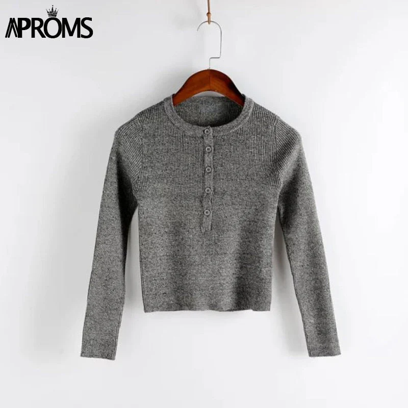 Christmas Gift Aproms Strentch Knitted Short Pullovers Sweater Winter Long Sleeve Slim Crop Top Streetwear Buttons Warm Knitwear Jumper Deanwangkt - Deanwangkt