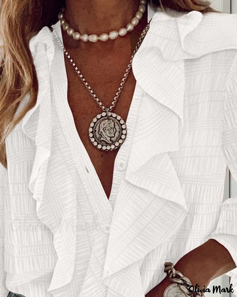 Deanwangkt - Textured Long Sleeve Blouse with Ruffled Hem - Deanwangkt