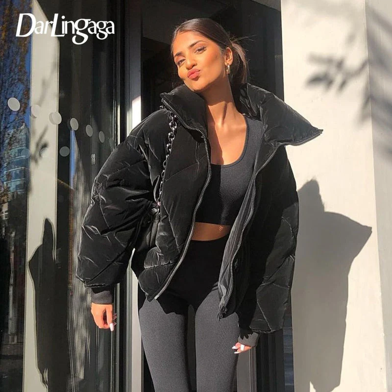 Christmas Gift  Fashion Quilted Puffer Black Velour Parkas Coat Thick Bubble Autumn Winter Down Jacket Women Zipper Overcoat Outwear - Deanwangkt