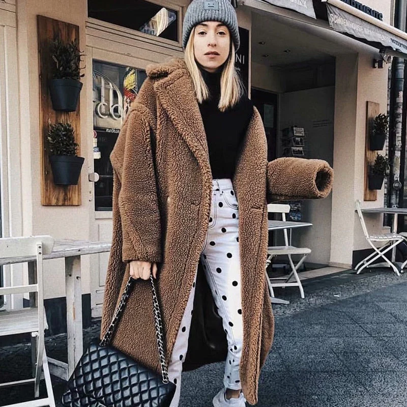 Christmas Gift Deanwangkt Winter Thicken Warm Faux Fur Teddy Coat Women Fashion Basic Lambswool Oversized Jacket Coats Street Fluffy Long Overcoat - Deanwangkt