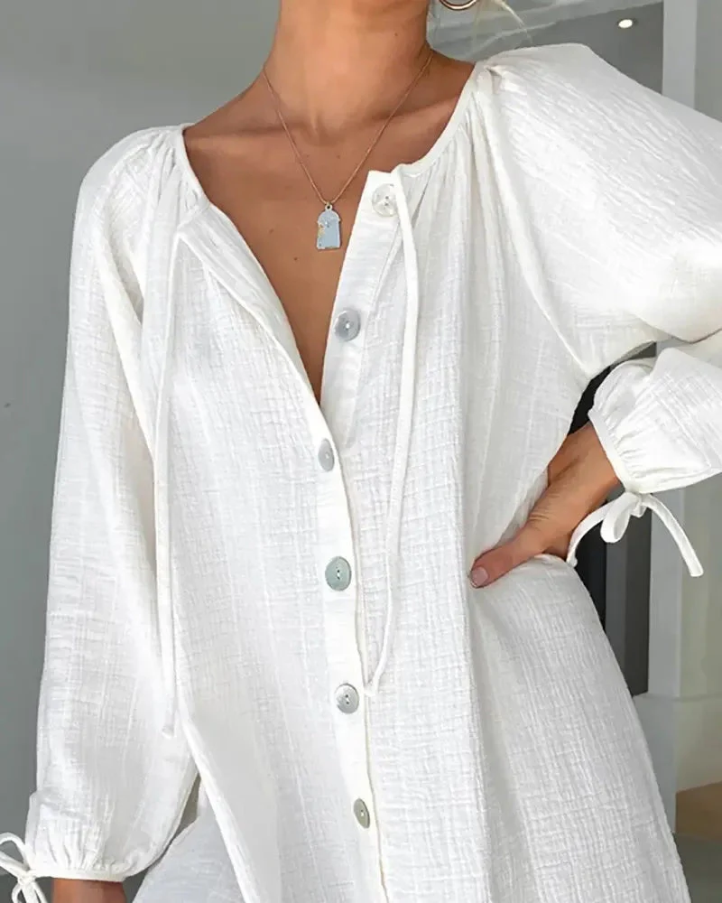 Deanwangkt - Casual Long Sleeve Button Front Maxi Shirt - Deanwangkt