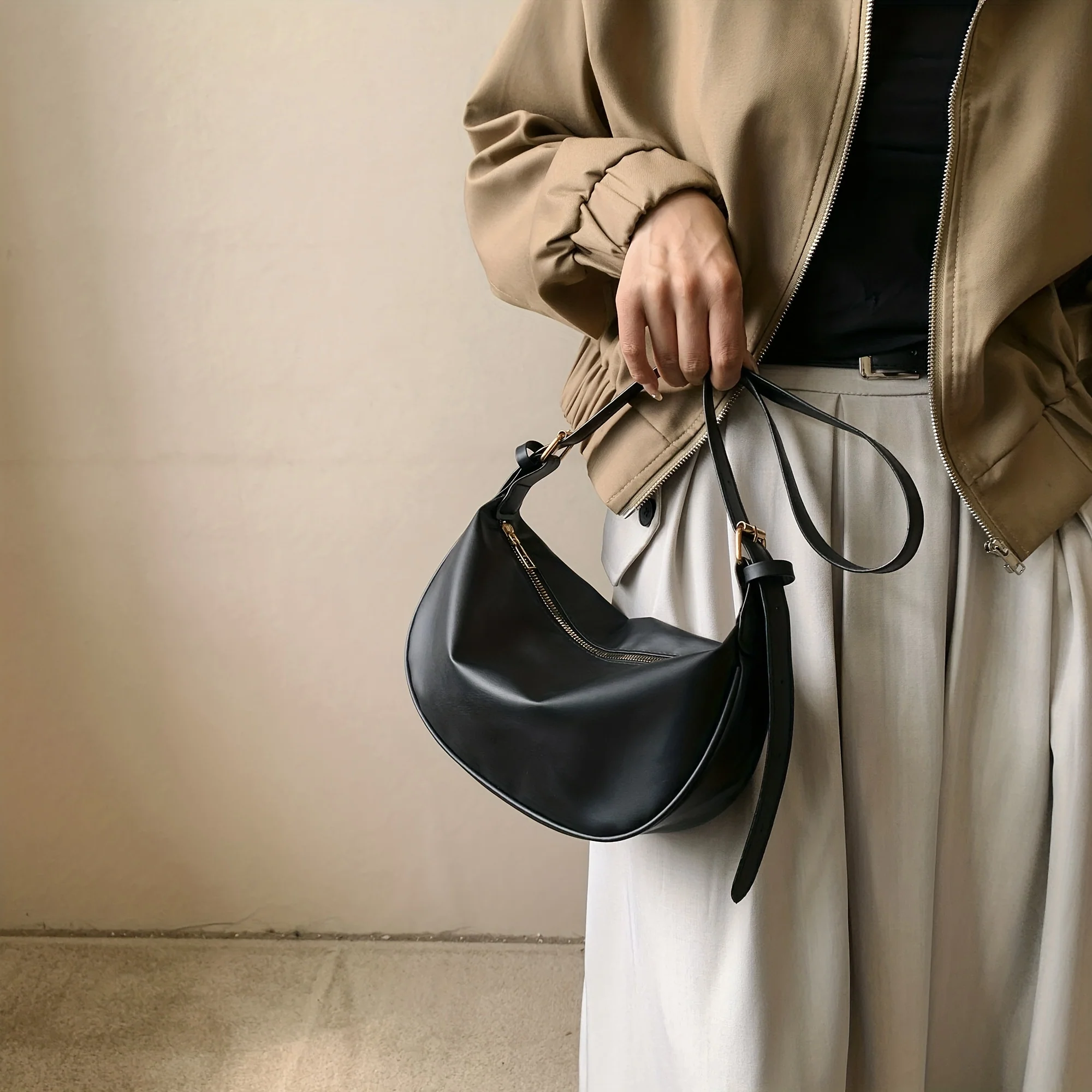 Minimalist Crescent Shoulder Bag, Casual Zipper Crossbody Purse, Women's Stylish Carry On Purse - Deanwangkt