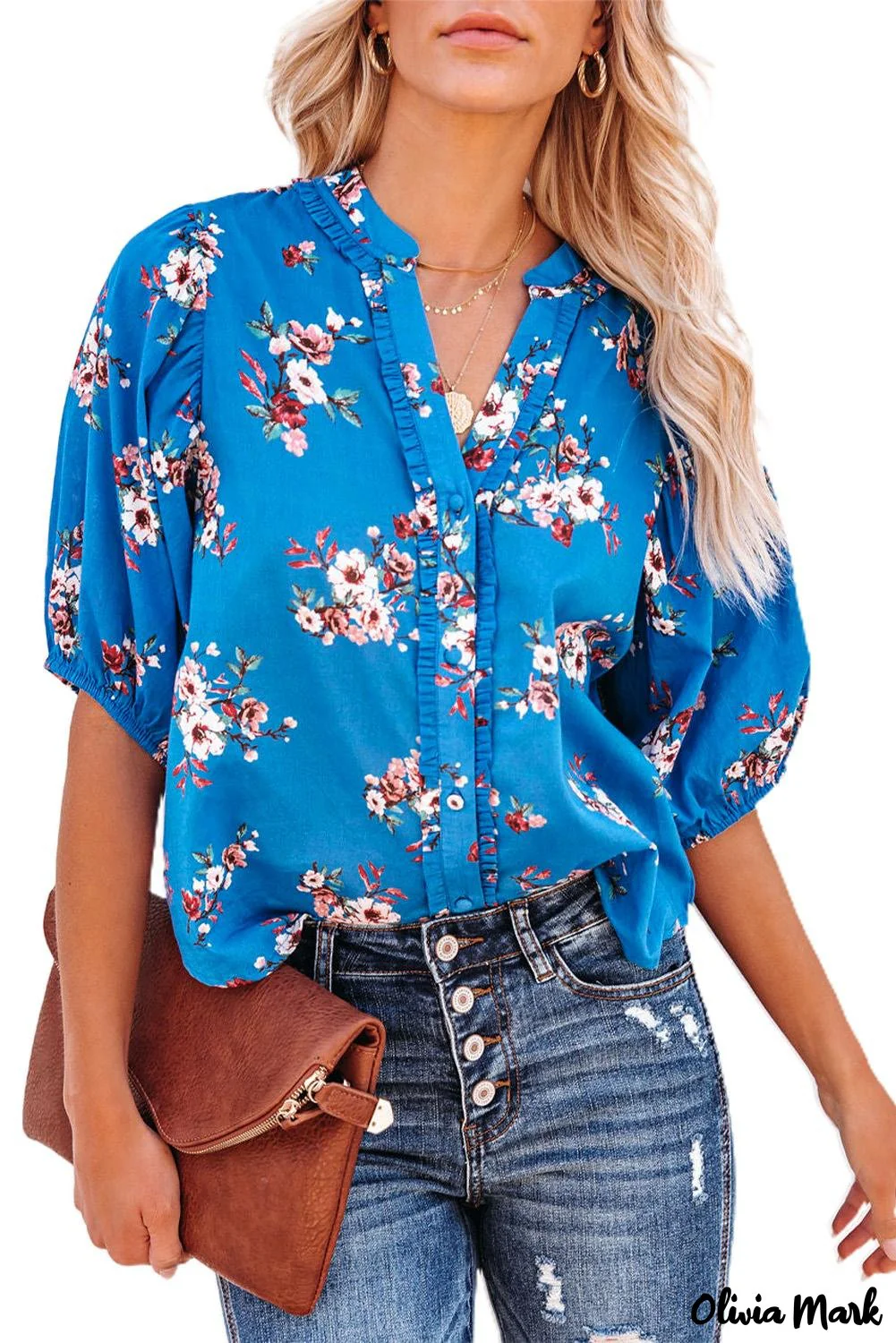 Deanwangkt - Blue Floral Print Button Up Puff Sleeve Blouse - Deanwangkt