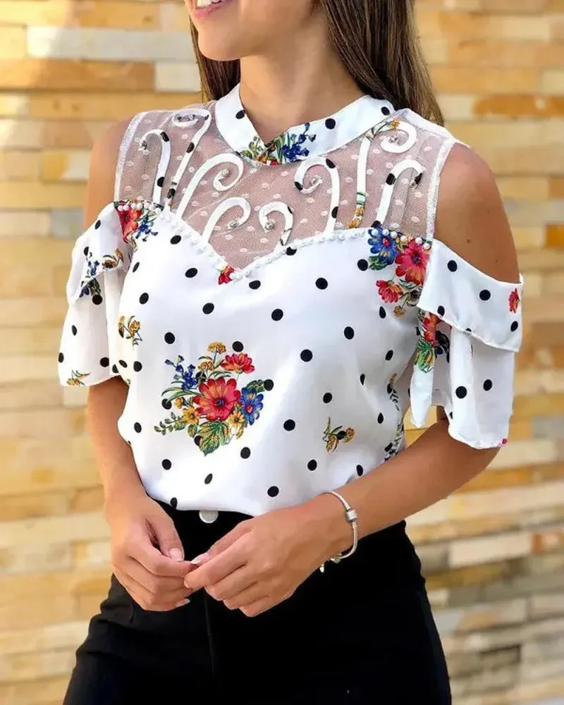 Deanwangkt - Off-the-Shoulder Mesh Panel Printed Blouse - Deanwangkt