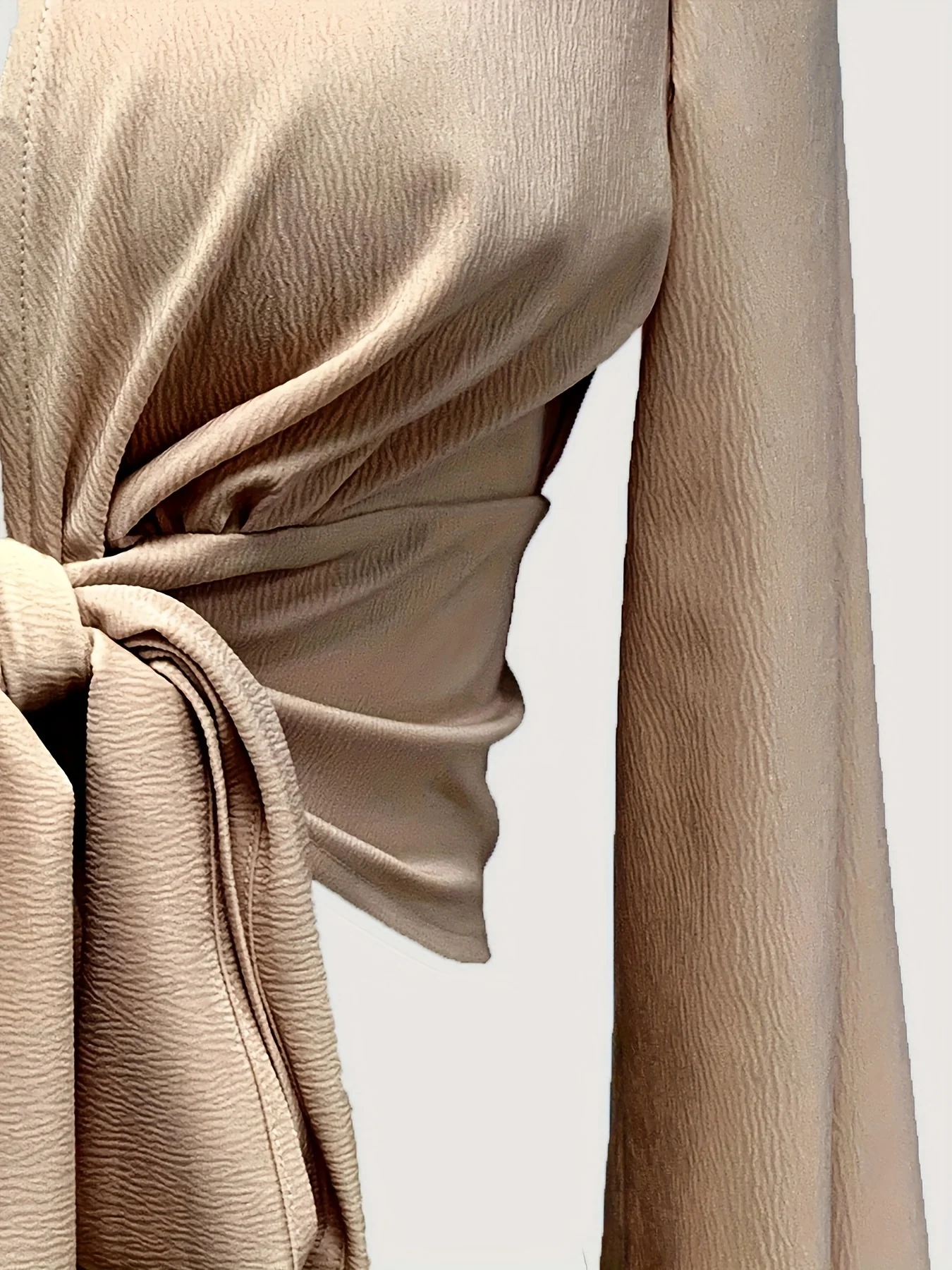 Solid Tie Front Crop Blouse, Vacation Style Lantern Sleeve Blouse For Spring & Fall, Women's Clothing - Deanwangkt