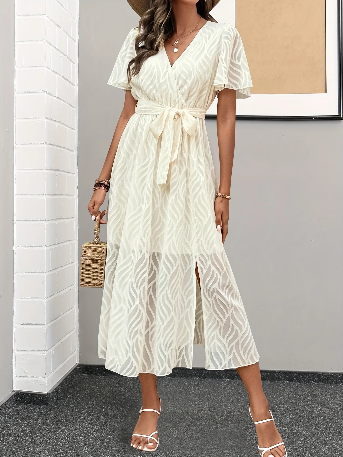 deanwangkt-1  Belted Flutter Sleeve Dress, Casual V-neck Dress For Spring & Summer, Women's Clothing - Deanwangkt