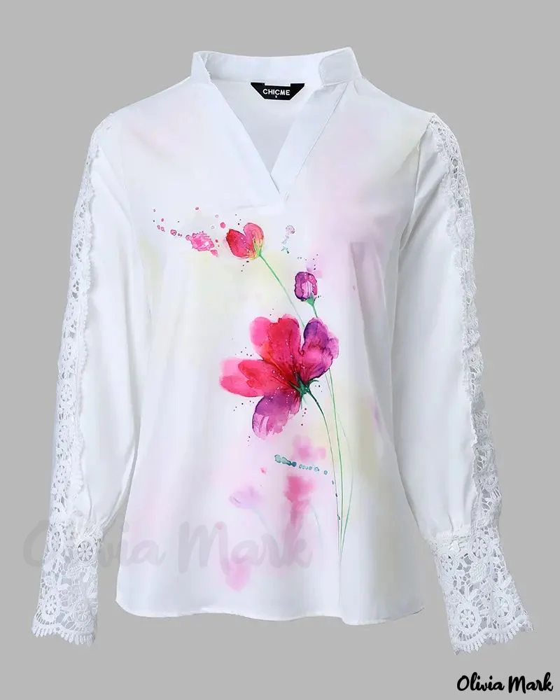 Deanwangkt - Floral Print Contrast Lace Long Sleeve Top - Deanwangkt