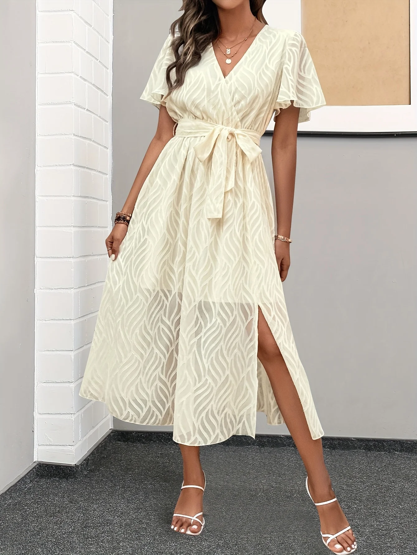 deanwangkt-1  Belted Flutter Sleeve Dress, Casual V-neck Dress For Spring & Summer, Women's Clothing - Deanwangkt