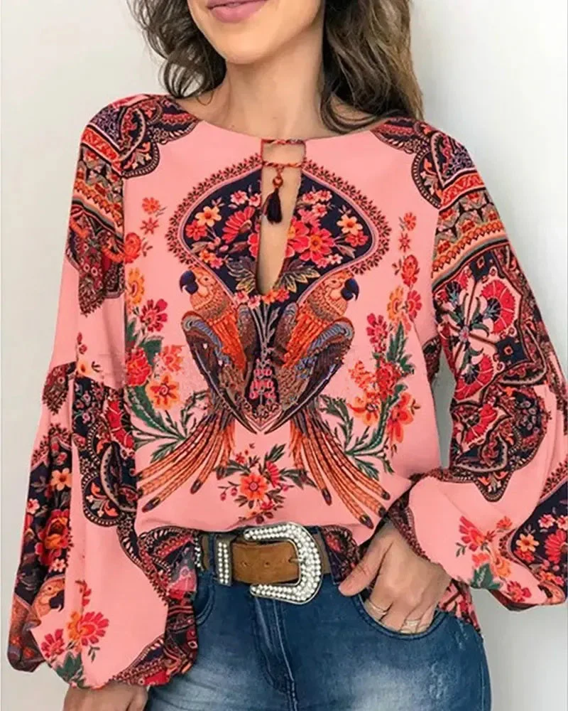Deanwangkt - Bird floral-print crew-neck lantern-sleeve top - Deanwangkt