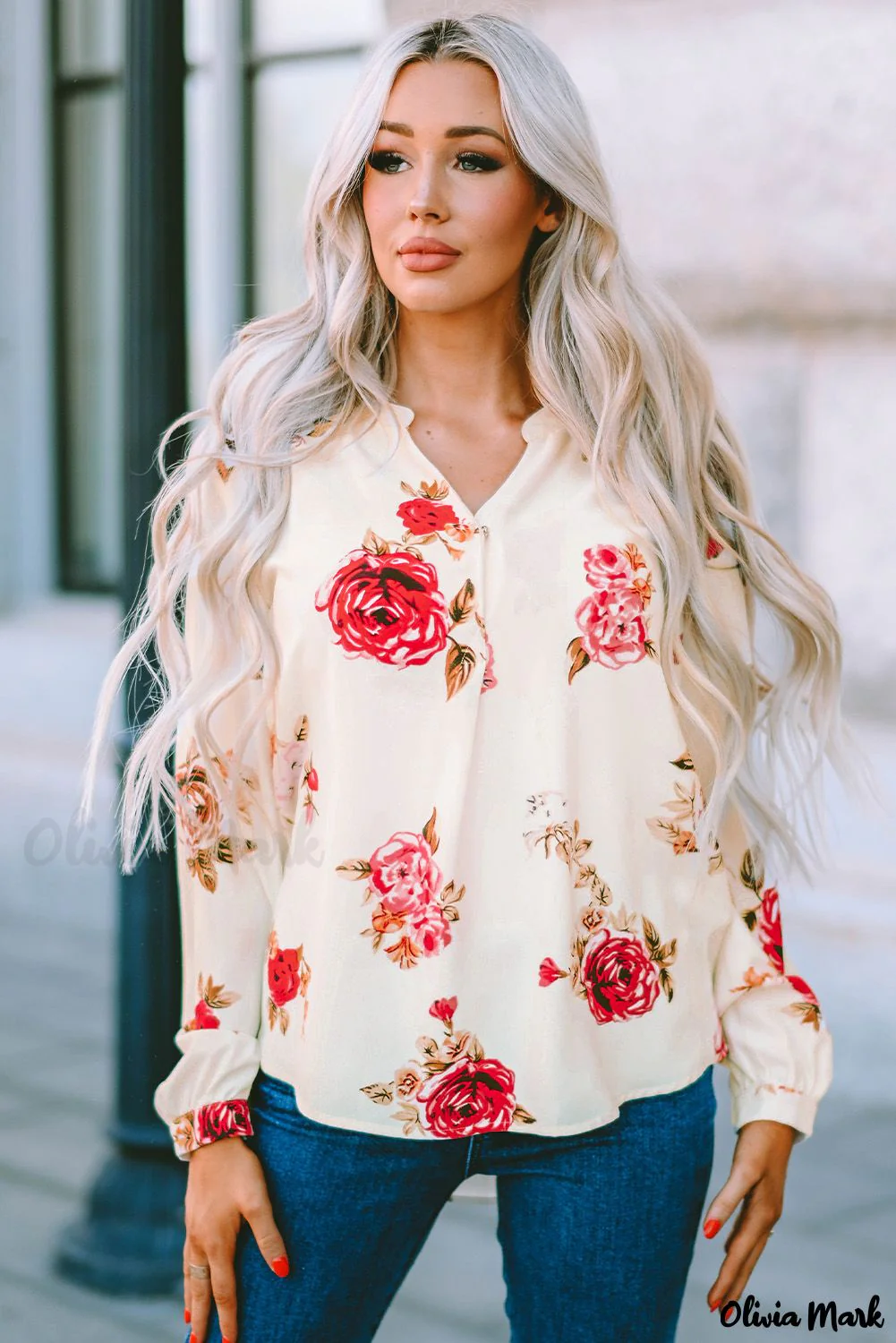 Deanwangkt - Beige Floral Print V-Neck Button Down Blouse - Deanwangkt