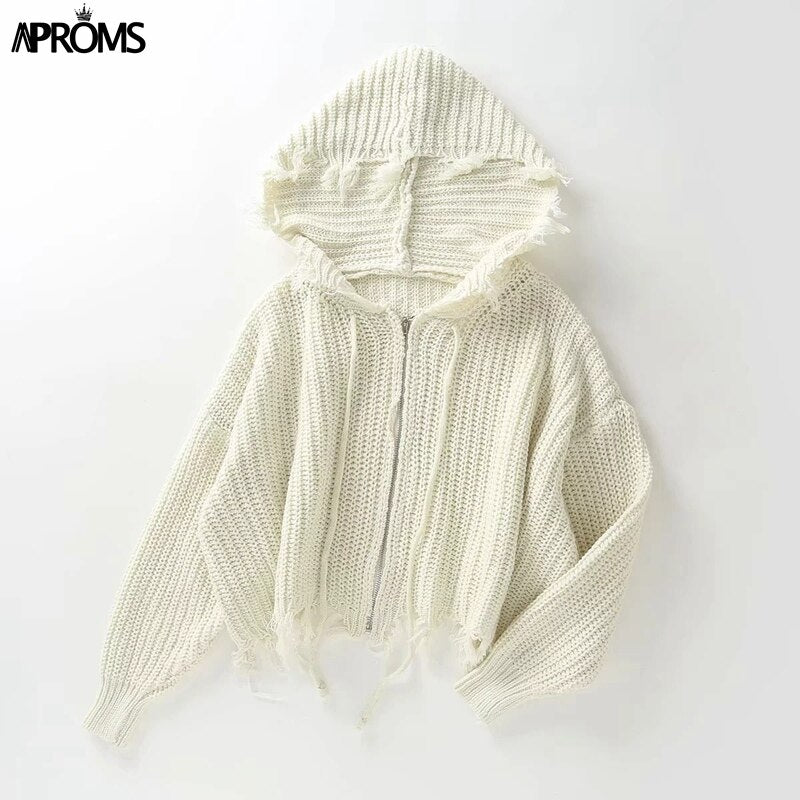 Christmas Gift Aproms Casual Tassel Hooded Knitted Sweater Women Zipper Loose Cropped Cardigans Deanwangkt Winter Coat Cool Gilrs Streetwear Jumper - Deanwangkt